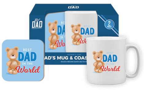 TILZ GEAR Birthday Gifts for Dad - Best Daddy Mug & Coaster Gift Set - Birthday Gift from Daughter, Son | “Greatest Dad in The World” White Ceramic Coffee Cup 300 Ml with Cork Coaster