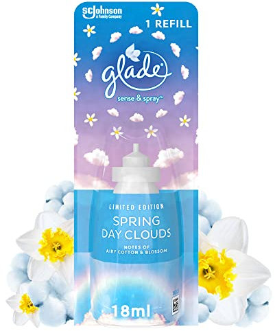 Glade Sense & Spray Air Freshener Refill, Motion Activated Automatic Room Spray and Odour Eliminator for Home, Spring Day Clouds, 8 Refills (8 x 18ml), Packaging May Vary