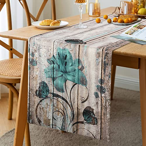 Hanrunsi Tischläufer Frühling Vintage Blau Tischläufer Grau Modern Leinen Tischläufer Herbst Vintage Bauernhaus Küche Esstisch Dekoration für Drinnen Draußen Party Wohnzimmer Dekor Lilie 33 x 183 cm