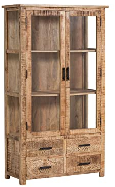 Woodkings® Vitrine Mumbai Massivholz Glasschrank mit Schubladen und Türen rustikal Landhaus Möbel Holzschrank