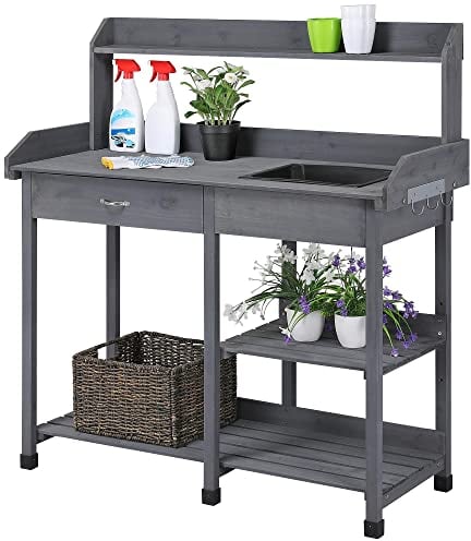 Yaheetech Tavolo Lavoro da Giardino per Piante in Legno con Lavandino Rimovibile Cassetto Spazioso Ganci Armadietto Banco per Giardinaggio Grigio
