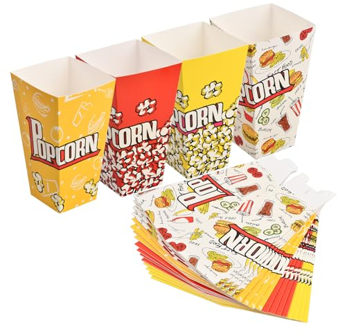 Zimoer 20 Piezas Cajas de Palomitas, Popcorn Boxes Caja de Bocadillos, Bolsas Palomitas Papel, 28 OZ Cajas Palomitas Carton Contenedor De Dulces 4 Colores, para Cumpleaños Noches De Cine, Carnavales