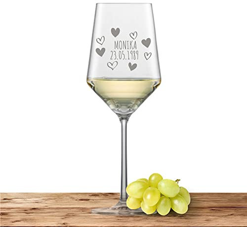 Schott Zwiesel Sauvignon Weißweinglas PURE mit Namen oder Wunschtext graviert (Herzkreis)