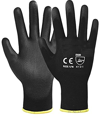 A406 12 Pair Black Nitrile Coated Gloves Work Gloves Nylon Safety Work Gloves Garden Gloves Builders Gloves Mens Gardening (Large)
