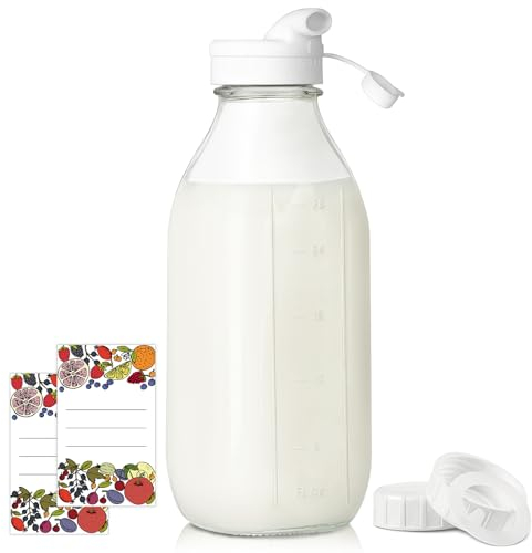 Syntic Quadratische Liter-Glas-Milchflaschen mit luftdichtem Deckel, 100 % auslaufsicherer, robuster Schraubverschluss, 900 ml Glas-Saftflaschen mit Skalenmarkierung, wiederverwendbare Krüge für