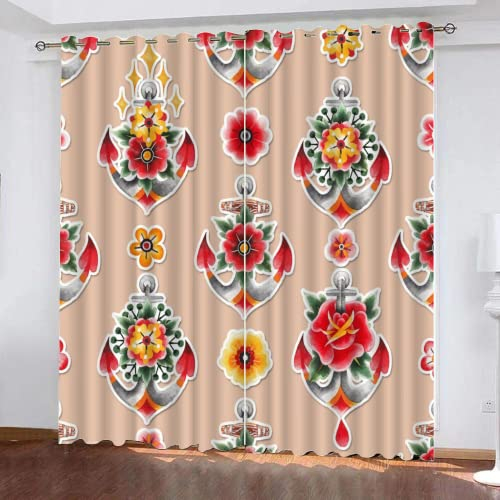 HABEAT 3D Boho Stil Vorhang Abdunkelnde Blumen Anker Polyester Vorhänge mit ösen 2er Set Gardinen Blickdicht Verdunkelungs Geräuschreduzierung für Schlafzimmer Wohnzimmer B 234 X H 137 cm