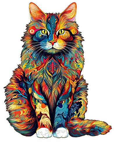 Blumuze Wooden Cat Jigsaw Puzzles - Maine Coon Cat, Unique Animal Shapes, 80pcs - S-21 * 16.8cm Wood Gift Box, Adults & Kids