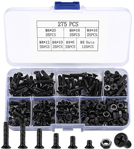 M4 Flat Head Machine Screws and Nuts Kit, 275 Pcs Black Countersunk Head Phillips Screws Bolts Hex Nuts Assortment Kit - M4 x 6mm/ 10mm/ 12mm/ 16mm/ 18mm/ 20mm
