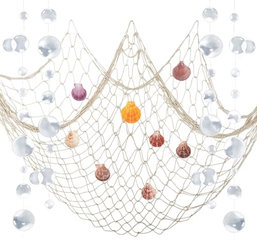 ZERODECO Fischernetz Deko, Natürliche Fischnetz Party Dekorationen für Marine Dekor Meerjungfrau Piraten Party Hochzeit Geburtstagsparty, Baumwolle Fischnetz mit Muscheln Blase Girlanden, Beige