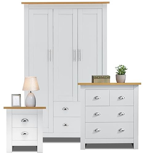 Blisswood Bedroom Set 3 Piece Bedroom Set With 3 Door Wardrobe & 2+2 Drawer Chest of Drawer + 2 Drawer Bedside Table Cabinet for Bedroom Furniture Set (White & Oak)
