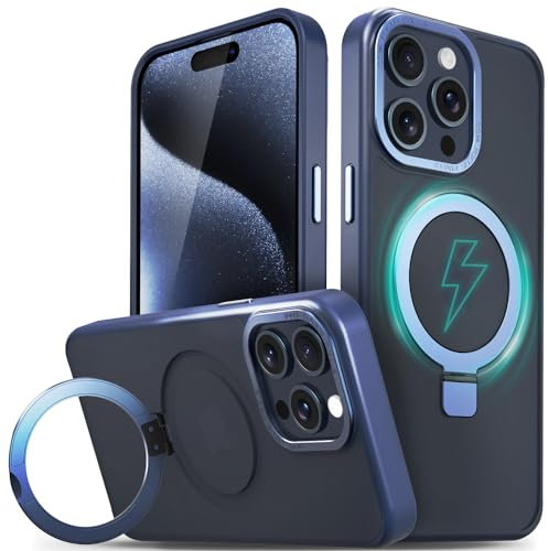 VENA Magnetic Ring Case for iPhone 15 Pro Max (6.7”) [Compatible with Magsafe] with Sturdy Stand, Drop Protection, Shockproof Translucent Back Slim Protective Phone Case - Translucent/Blue
