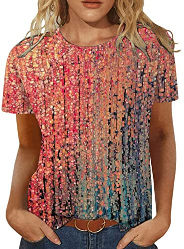 Generic Women's Hot Pink Sequin Top - Short Sleeve, Slim Fit, Floral Print, Round Neck, Size S