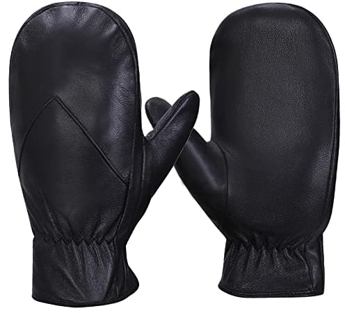 MGGMOKAY Fäustlinge Herren, Winter Warme Echtleder Schaffell handschuhe,Schwarz,XL