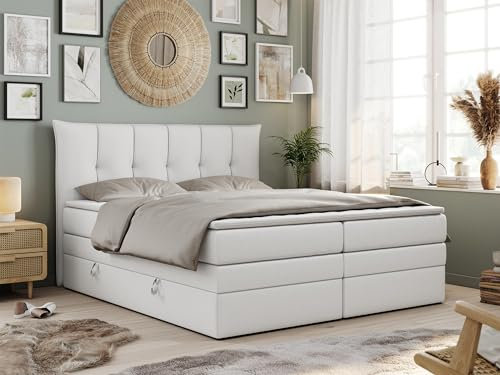 MKS MEBLE King Boxspringbett 200x200, Boxspringbett 200x200 mit Bettkasten und Matratze H4, Polsterbett 200x200 mit Matratze, Bett 200x200 mit Bettkasten - PREMIUM-10-KING- Weiß Kunstleder - H4