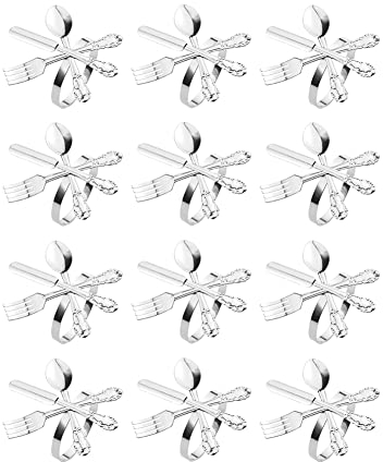 Tlilyy 12Pcs Metal Knife and Fork Spoon Napkin Rings Holder for Christmas Wedding Used for Daily Table Parties Silver