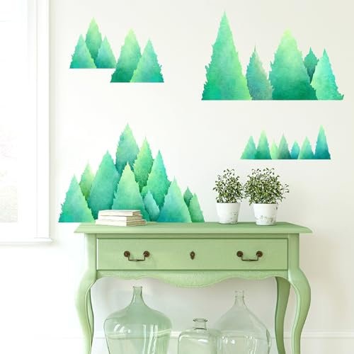 Watercolor Pine Tree Wall Decals Large Evergreen Tree Wall Stickers Green Tree Branch Wall Decals Forest Woodland Tree Wall Stickers for Nursery Bedroom Living Room Decor