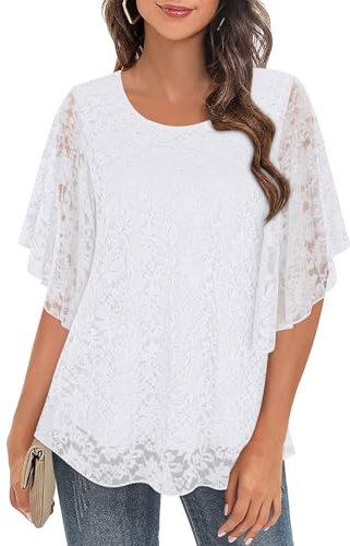 Syphiby Womens Blouses Ruffle 3/4 Sleeve Mesh Ladies Tops Chiffon Double-Layered Tunic Tops Loose Flowy Shirts White
