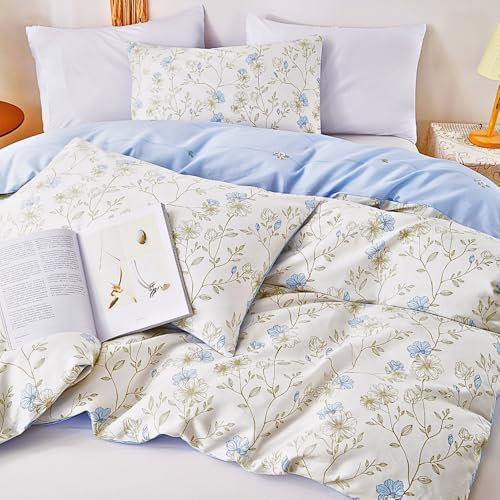 Nayoroom Bettwäsche 135x200 Baumwolle Blumen Weiß mit Blau Blümchen Aesthetic Cute Bettbezug Set 2teilig Blumenmuster Pflanzen Blumenwiese Deckenbezug mit Reißverschluss und Geblümt Kissenbezug 80x80