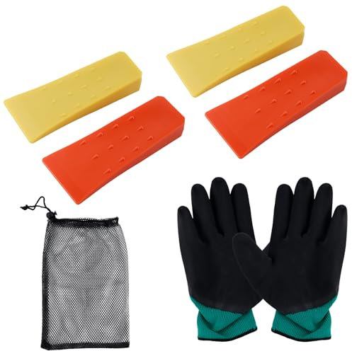 XHYASD 4 Stück Fällkeile Kunststoff,6 Zoll Spaltkeil für Holz,Fällkeile Forst,Spaltkeil Kunststoff für Holz,Forst Zubehör Wald,Fällkeil mit Handschuhe,Netzbeutel,Zubehörwerkzeug für Holzfäller