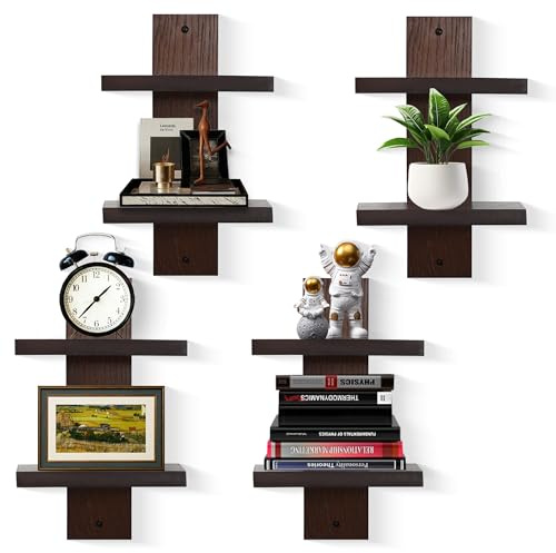 NIUBEST 2 Tiered Vertical Wall Shelf Unit,Column Floating Shelves,Stackable Decorative Shelving Modern for Home Decor Organizer Storage Living Room Bedroom Office,Heavy Duty,4 Pack(Walnut)