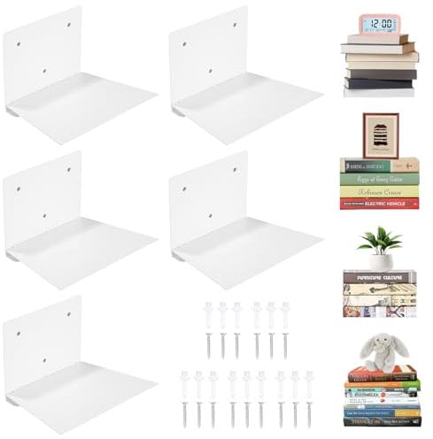 Ixydor Schwebendes Bücherregal 5er Set Schwebende Bücherregale Unsichtbare Regale für die Wand Unsichtbare Bücherregale Floating Bookshelf aus Metall für Schlafzimmer Büro Dekoration, Weiß