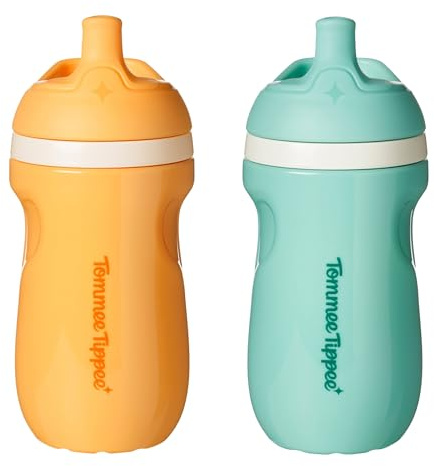 Tommee Tippee Insulated 9oz Sporty Spout Toddler Water Bottle, No Spill, Sippy Cups for Toddlers 1-3, Two-Piece Valve Helps Stop Spills, Light Blue & Orange, BPA Free, Pack of 2