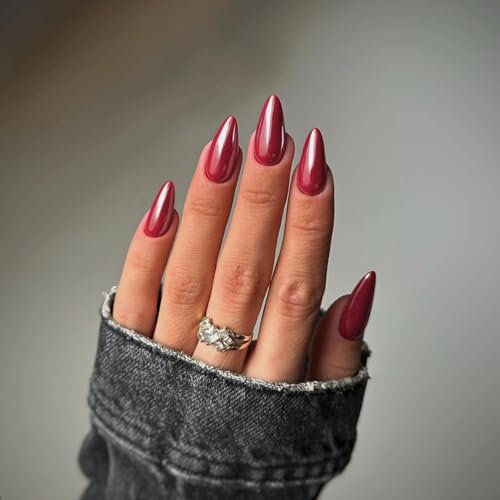 SXVME Chrome Red False Nails Almond, Chrome Press On Nails Medium, Glazed Gel Full Cover Fake Nails Press ons, Cute Bling Acrylic Nails for Women Daily & Party Wear