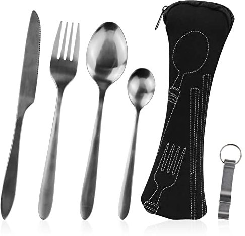 Lot de 5 Couverts de Camping Portables Couverts en Acier Inoxydable avec Sac en Néoprène Idéal pour Voyage, Bureau et Camping (Noir)