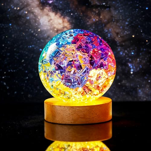 80mm Colorful Cracked Crystal Ball Night Light Wood Base Gift Decor | Colorful cracked ice crystal ball with wood stand & night light. Decorative ball tabletop centerpiece for home, or gift.