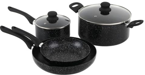 QDESIGN BLACKMARBLE+ Batterie de cuisine 6 pcs - 2 poêles + 2 casseroles en fonte d'aluminium anti-adhésif anti-rayures sans PFOA + 2 couvercles verre trempé - tous feux dont induction - Marbre noir