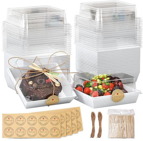 EffiQ-Rate 50 Pack White Cake Slice Boxes with Clear Lids, 12 CM Cupcake Boxes with Stickers and Forks, Charcuterie Box Takeaway Boxes Prep for Bake Sales Cakes, Muffins, Cookies and Sandwiches