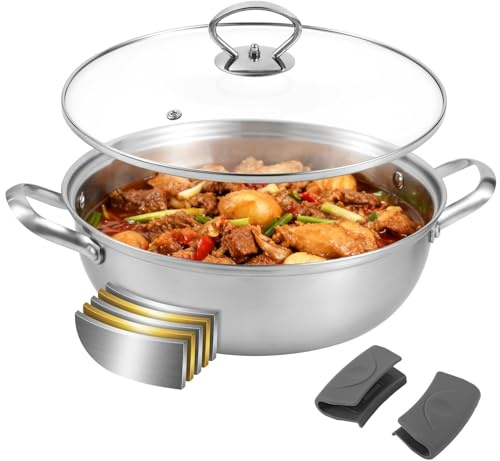 Edelstahlpfanne 28Cm, 5-lagige Suppentopf mit Klarglasdeckel, Edelstahlpfanne Unbeschichtet mit verbrühungssicherem Silikon-Griffüberzug, Frittierpfanne für Induktion, Backofen, Gas, spülmaschinenfest