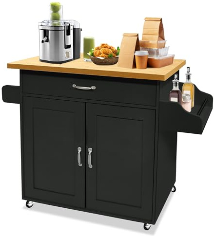 AufuN Küchenschrank mit Arbeitsplatte Schublade Schrank Holzküchentrolley | Rollbarer Küchenwagen Servierwagen aus Holz, Kücheninselwagen im Landhausstil, für Küche Restaurant (Schwarz)