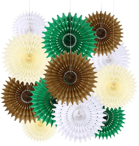 BestoFun 12 Stück Papier Fächer Set Weihnachten Deko Braun Beige PomPoms Tissue Blumen Grün Hängende Blumen Girlande Weiß Papier Fächer Weihnachten Decor für Geburtstags Hochzeit Weihnachtsdeko