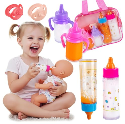 Puppenzubehör Set mit magischen Puppenflaschen Milch Saft Effekt, Schnuller und Tasche – Rollenspiel Puppenpflege Zubehör Kinderspielzeug Geschenk für Puppenmama Mädchen Kinder ab 3 Jahren