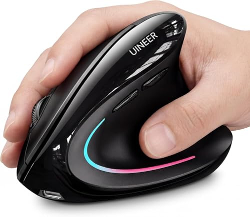 Uineer Vertical Ergonomic Mouse, 3-Mode Wireless Bluetooth 5.0/4.0 & 2.4G | Switch among 3 devices via dual Bluetooth and 2.4G; rechargeable with 7-color ambient lighting.
