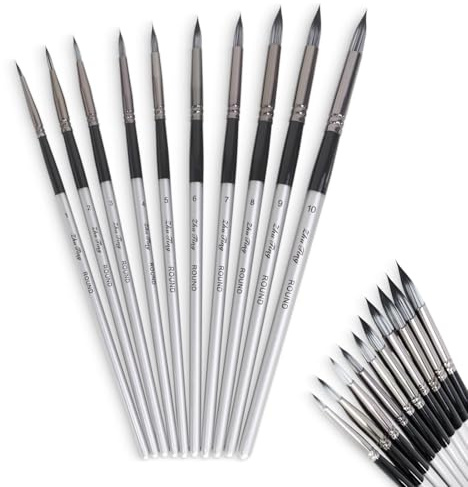 Lot de 10 pinceaux Ronds en Nylon pour Aquarelle, Acrylique, Huile, Gouache, Encre et tempéra, idéal pour détails Fins, dégradés, Peinture par numéros, Loisirs créatifs, école et projets artistiques