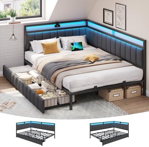 DICTAC Polsterbett Schlafsofa 140x200 mit 2 Schubladen und USB-Ladestation Jugendbett 140x200 mit LED-Beleuchtung,Bettgestell mit Lattenrost aus Metall,Tagesbett,Gästebet, Leinen,Dunkelgrau