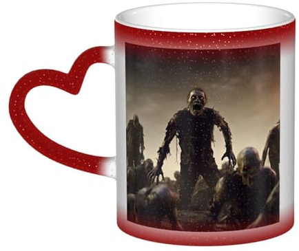 Many Zombie Coffee Mug with Handle 11 Oz, Color Changing Cups In The Sky, Heat Sensitive Magic Funny Art Mug, Unique Coffee Tea Cup Porcelain Mugs Gift for Women Men Red