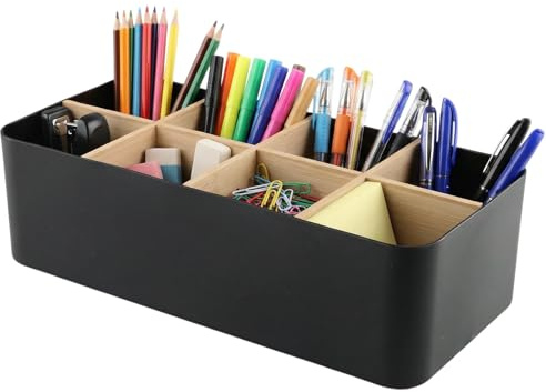 Astralong Schreibtisch Organizer, 8 Fächer Stiftehalter Bambus, Büro Organizer, Aufbewahrungsbox Desk Organizer für Stifte, Kosmetika,Fernbedienungen (Schwarz)