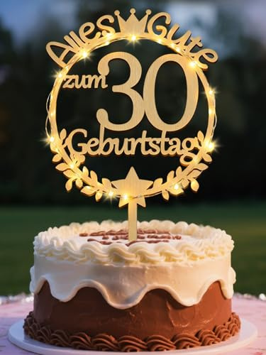 30 Geburtstag Deko, Tortendeko 30 Geburtstag Frauen Holz mit LED | 30. Geburtstag Frauen, Cake Topper für Mann und Frau, Geburtstagsdeko aus Holz, Kuchendeko mit Kronendesign
