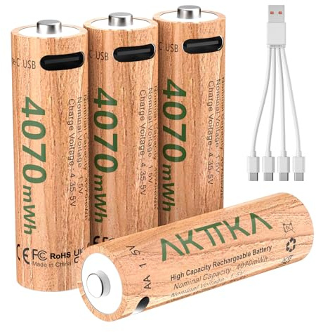 AKTTKA Rechargeable AA 1.5V Lithium Batteries 4-Pack, 4070mWh High Capacity | USB-C Charging Cable, LED Indicator, 6-Layer Protection, Long Lasting for High-Drain Devices, Quick 4 Hour Charging