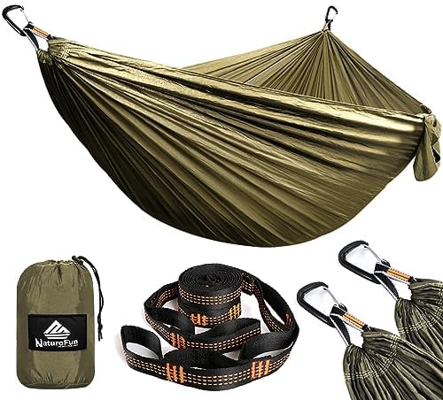 NATUREFUN Ultraleichte Reise Camping Hängematte | 300kg Tragkraft (300 x 200 cm) Atmungsaktiv, Schnelltrocknendes Fallschirm Nylon | 2 x Premium Karabiner, 2 x Nylon-Schlingen Inbegriffen | Draußen