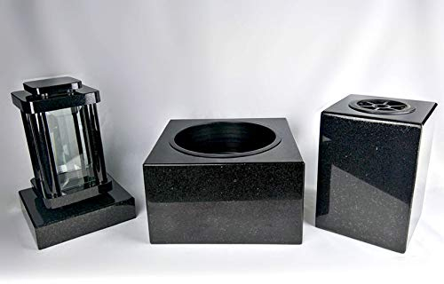 Designgrab SS1 Set de décoration funéraire comprenant une lampe funéraire moderne avec socle, un bol funéraire et un vase cube en granit suédois noir
