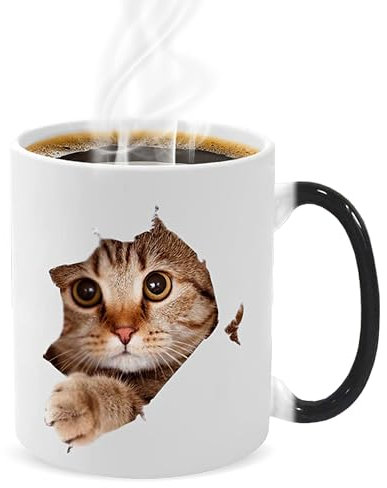 Caliamary Tasse à café amusante en céramique avec motif chat changeant de chaleur, 325 ml, cadeau de Noël mignon pour femmes, hommes, enfants