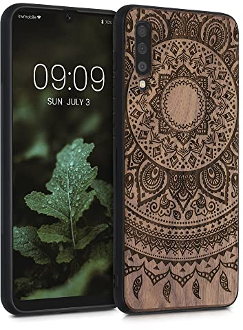 kwmobile Hülle kompatibel mit Samsung Galaxy A50 Hülle - Holz Case - Handy Cover - TPU Handyhülle in Dunkelbraun Indische Sonne