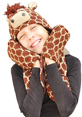 PINK YAK Tiermütze mit Schal und Handschuhe Giraffe - Kinder