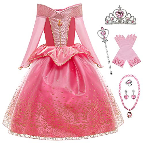 YOSICILCostume da Principessa Aurora per Ragazze Costume da Bella Addormentata a Maniche Lunghe con Accessorio 6 Pezzi Cosplay Compleanno Festa Halloween Natale,Rosa-6PS,120