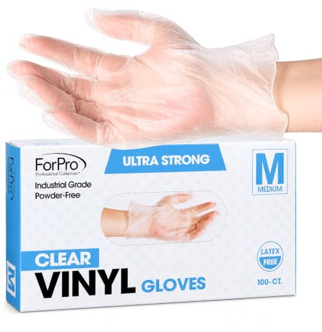 ForPro Disposable Vinyl Gloves, Clear, Industrial Grade, Powder-Free, Latex-Free, Non-Sterile, Food Safe, 2.75 Mil. Palm, 3.9 Mil. Fingers, Medium, 100-Count