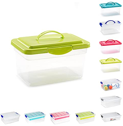 Plastic Storage Box Lightweight Robust Stackable Storage Boxes with Lid, Clear Latch Boxes, Plastic Organiser, Space Saving Solution for Home Office (9L - Green Lid with Handle)